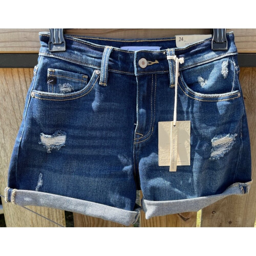 KanCan womens High Rise Boyfriend Denim Shorts Distressed Detail 24 inch waist